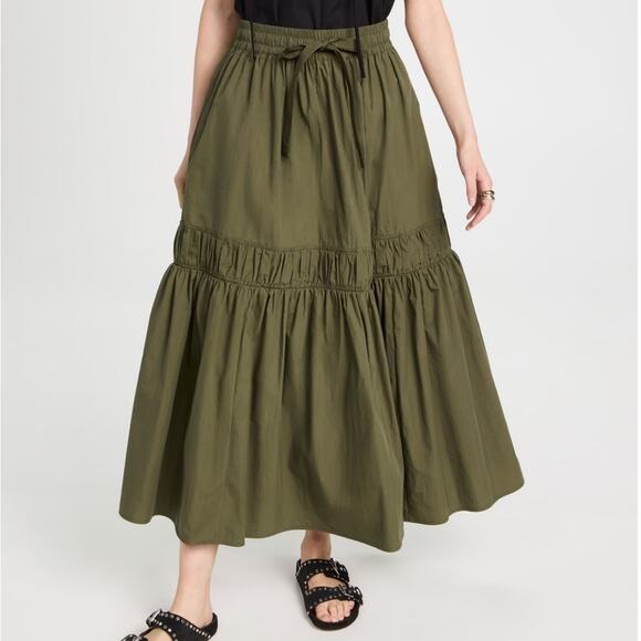 Lee Mathews | Women’s Annie Skirt Olive Green Juniper Pull-On Drawstring Tiered - Picture 1 of 10